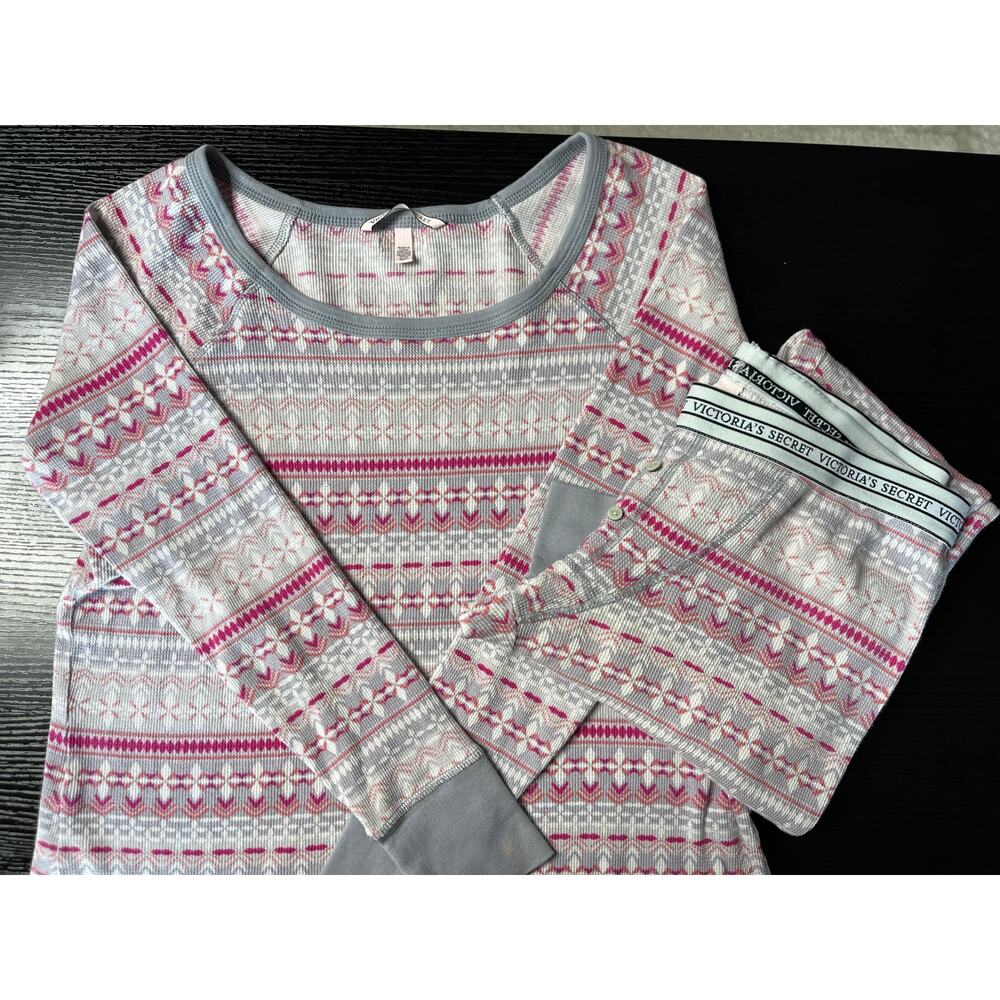 Victoria's Secret Waffle Weave Pajama Set with Nordic Print in Pink and Gray